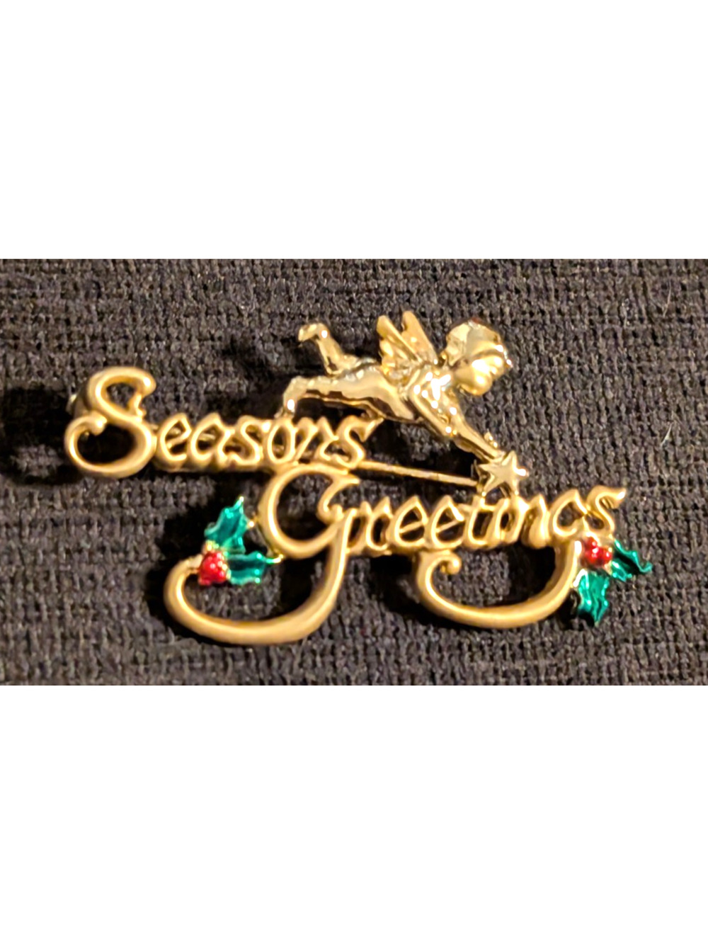 Vintage Christmas Pin Angel Seasons Greetings Holly Gold-tonen 2" Enamel h-